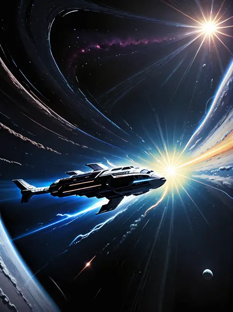 organic [whale:spaceship:0.5], fluid, organic, morphing, in space, sunrays, science fiction, space travel, lightspeed, in motion,