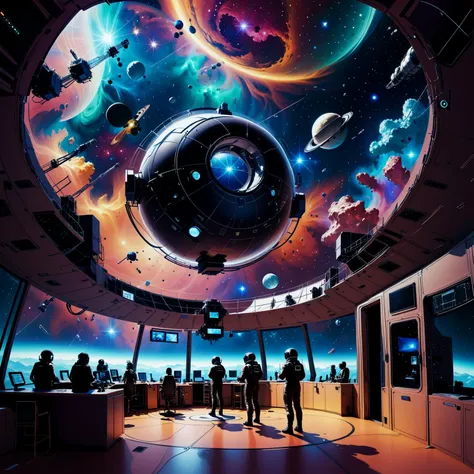 a group of people standing in a room with a ceiling full of planets