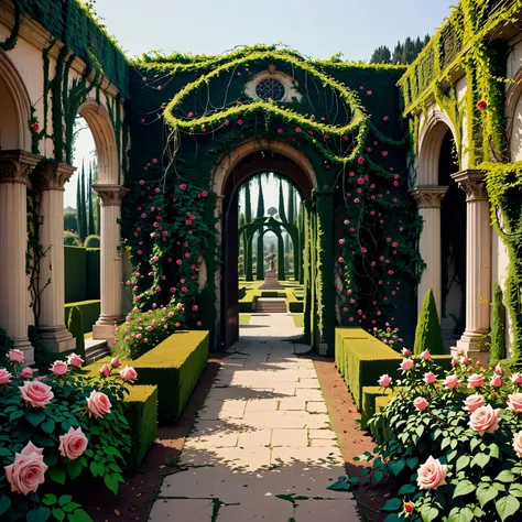 a dilapidated formal garden stands covered and tangled thickly with vines and climbing roses covered in enormous razor sharp thorns