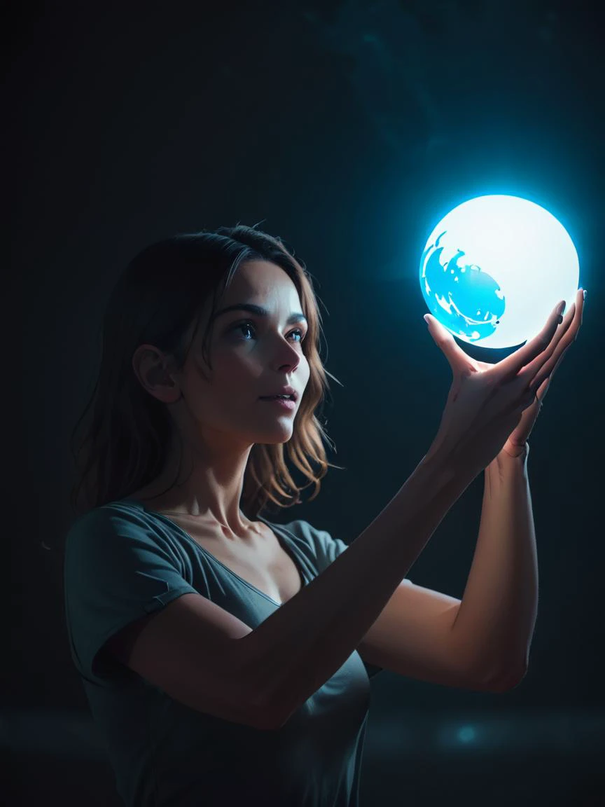 woman holding a glowing ball in the air, cinematic,