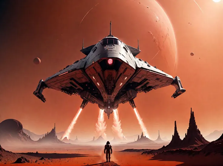 a man standing in front of a spaceship flying over a desert