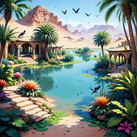 a painting of a tropical landscape with a river and palm trees