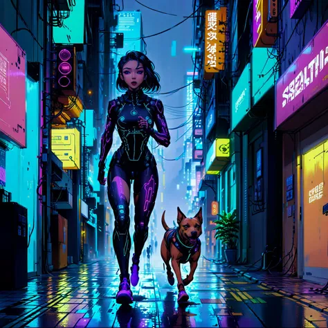 Cyberpunk chase, 24-year-old woman, biker leathers, (running:1.3), alleyway, (secret information:1.2), pursued, (cyber dog:1.5), neon-lit streets, (futuristic cityscape:1.1), dynamic motion, (rain-soaked pavement:1.2), neon reflections, (holographic ads:1....