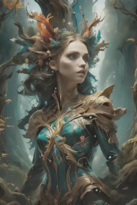 woman in a mythical forest, masterpiece, perfect face, intricate details, horror theme <lora:betmd:1> betmd