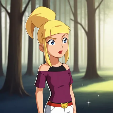 a woman with blonde hair and a purple top standing in a forest