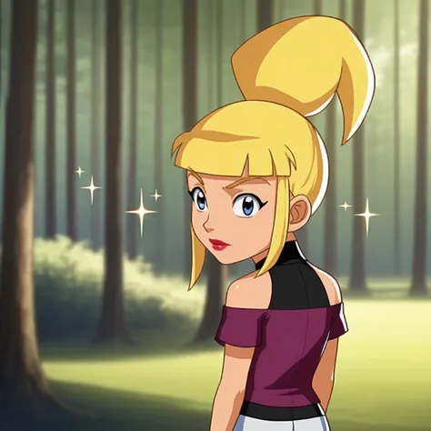 a close up of a cartoon girl with a ponytail in a forest