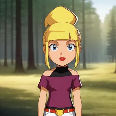 a woman with blonde hair and a purple shirt standing in a forest