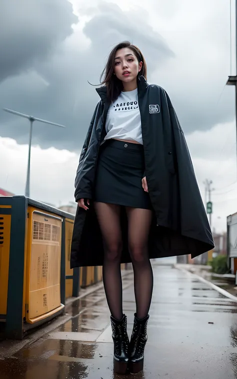 arafed woman in black coat and skirt standing on wet street