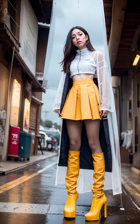 araffe wearing a white shirt and yellow skirt and a black coat