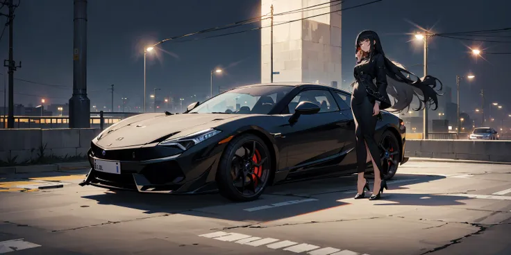 a woman standing next to a black sports car in a parking lot