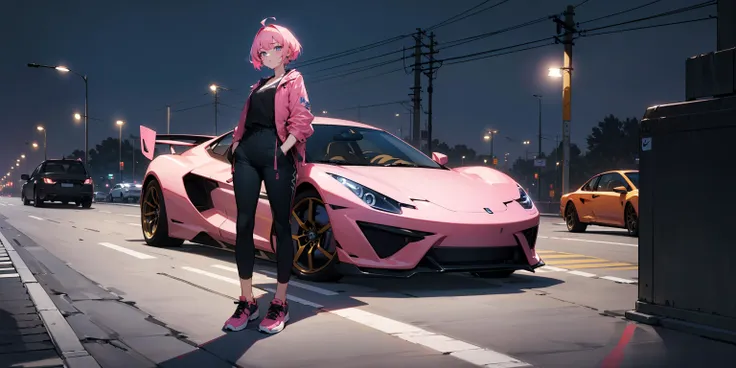 a close up of a person standing next to a pink car