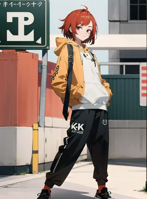 best quality, 4K wallpaper, masterpiece, extremely detailed CG unity 8k wallpaper, extremely detailed eyes, ultra-detailed, intricate details, 1girl, solo,red eyes, Barihama outfit, hoodie, trousers, shoes, looking at viewer, public, road sign, street park...