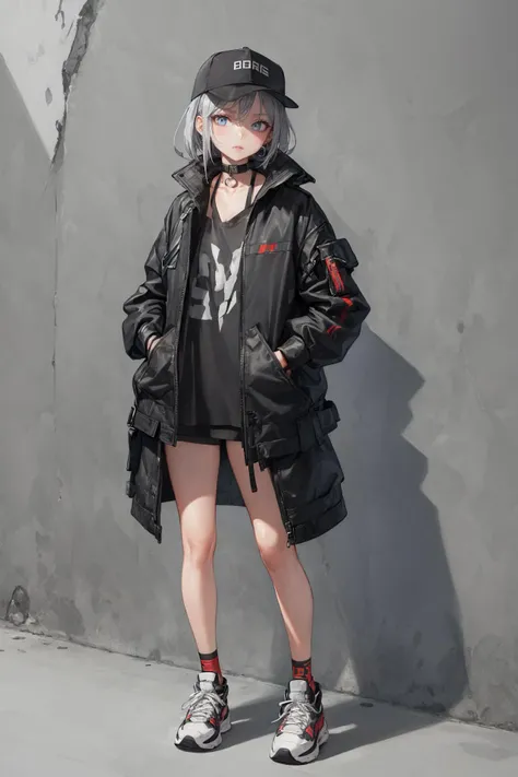 looking at viewer, dynamic angle,(full body:1.1), a girl with her hands down in front of a wall, (graffiti wall),(no people:1.1),
1girl, solo, grey hair, techwear, streetwear, urban,long coat, collar, collarbone, earrings, (hairstyle:1.1), sneakers, bracel...