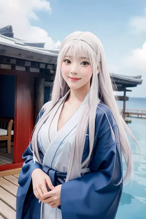 a woman with long gray hair wearing a blue robe and a white robe