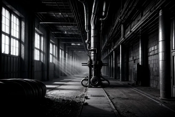 arafed industrial building with a bicycle parked in the middle of the room