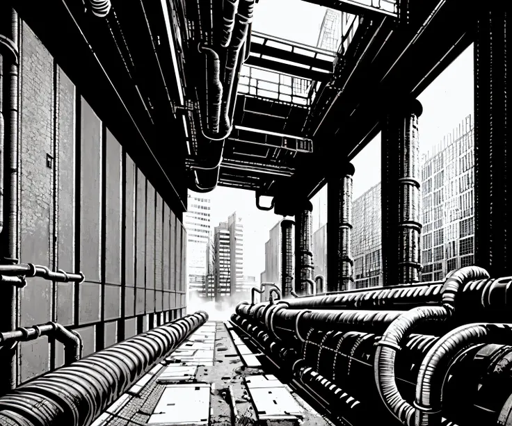 there is a black and white photo of pipes in a building