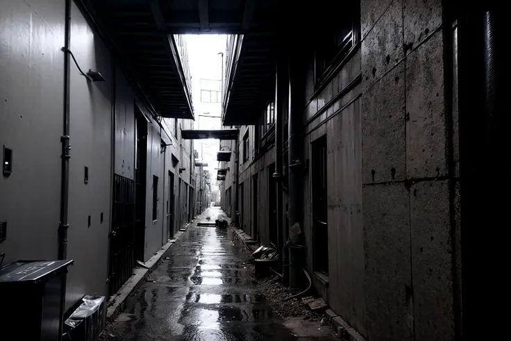 arafed hallway with a bench and a trash can in the middle