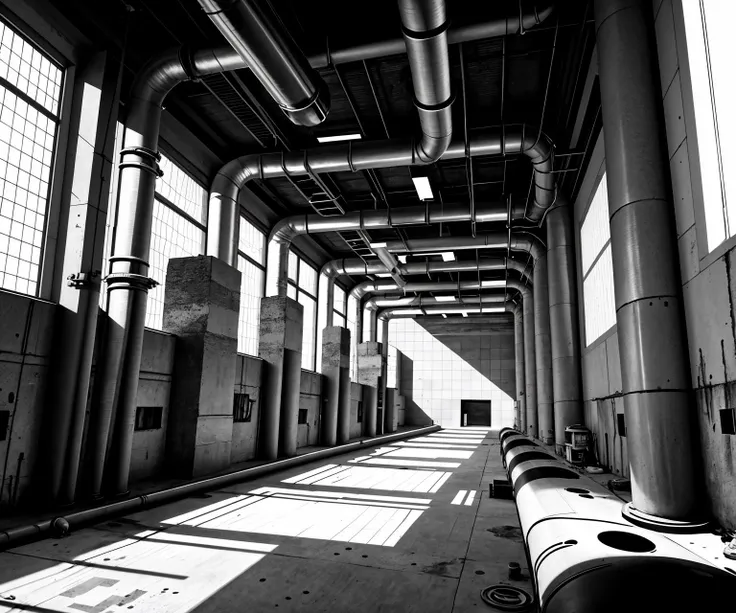 arafed building with pipes and windows and a row of benches