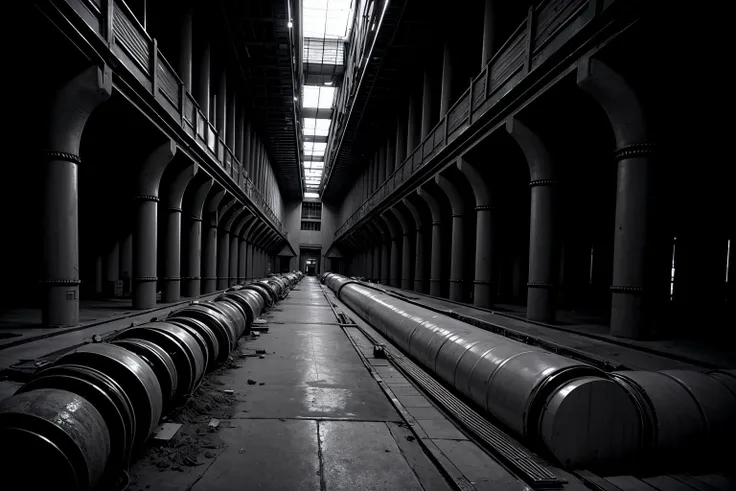 arafed view of a long hallway with pipes and a skylight