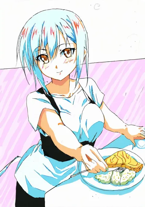 anime girl with blue hair and glasses serving food on a plate