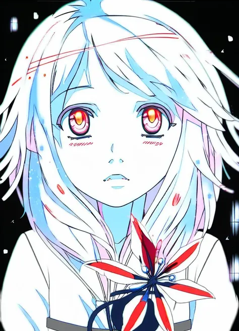 anime girl with red eyes and white hair with a bow