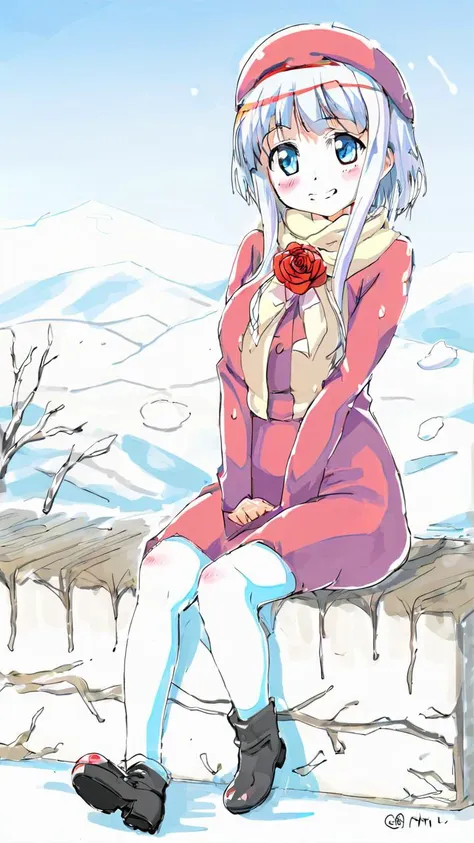 anime girl sitting on a bench with a rose in her hand