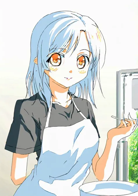 anime girl with blue hair and white apron holding a fork and spoon