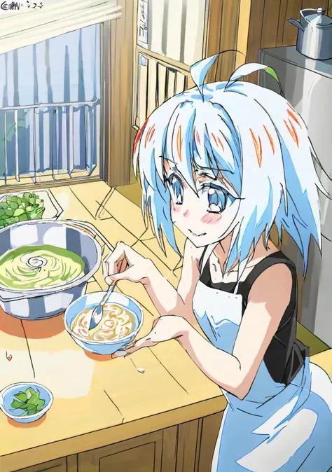 anime girl eating a bowl of soup with chopsticks in a kitchen