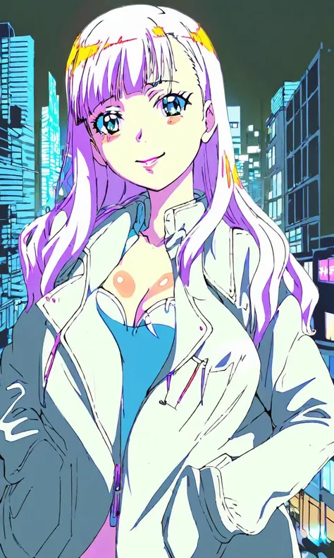 masterpiece, best quality, 1girl, city pop, night, neon light, looking at another, upper body, vector illustration, jacket, light smile, blunt bangs, long hair