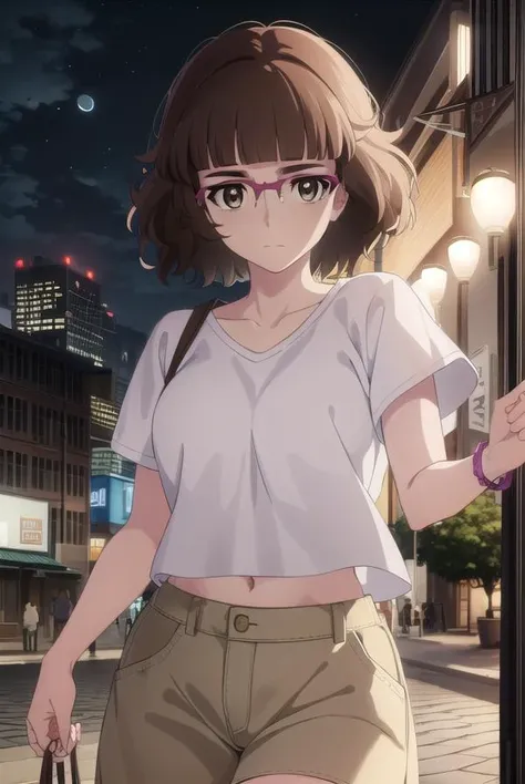 recreatorsmarine, <lora:recreators marine s1-lora-nochekaiser:1>,
marine, short hair, brown hair, (brown eyes:1.3), glasses, mole, mole under eye, bangs, blunt bangs,
BREAK skirt, shirt, white shirt, short sleeves, pink skirt, collarbone,
BREAK outdoor, ci...