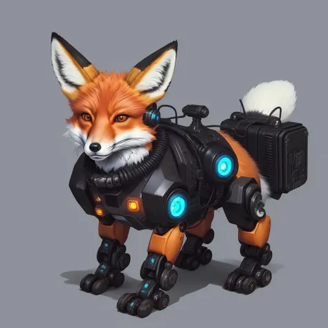 there is a fox with a tracker around its neck , fox design, fox detailed, (cyberpunk pet robot!!) ,  style of tin tin comics  , japanese illustration, line art illustrationn