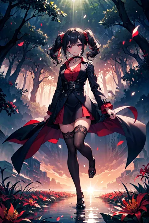 a woman in a black and red dress walking through a forest