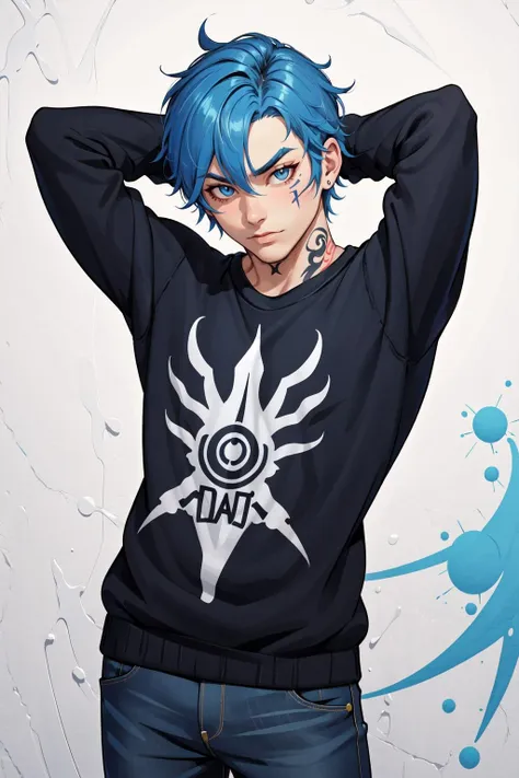 a close up of a person with blue hair and a black shirt