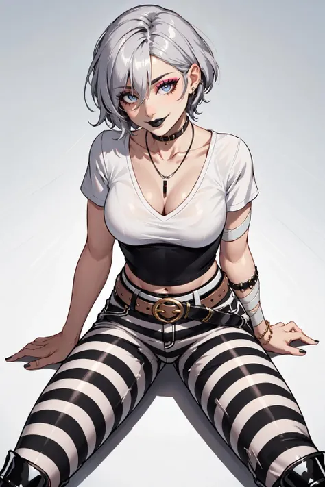 a woman with white hair and black and white striped pants