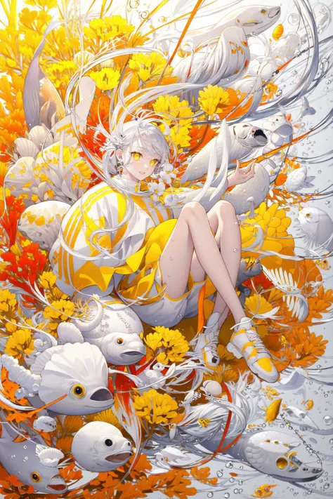 (masterpiece:1.2),best quality,PIXIV,first love,
White hell,
1girl,fish,long hair,solo,flower,looking at viewer,yellow eyes,floating hair,long sleeves,bubble,white hair,air bubble,shoes,white footwear,goldfish,coral,smile,shell,underwater,very long hair,cl...