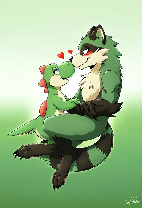 smyoshi (yoshi, reptilian, reptile) and maypul (green fur, raccoon, werewolf form), romance