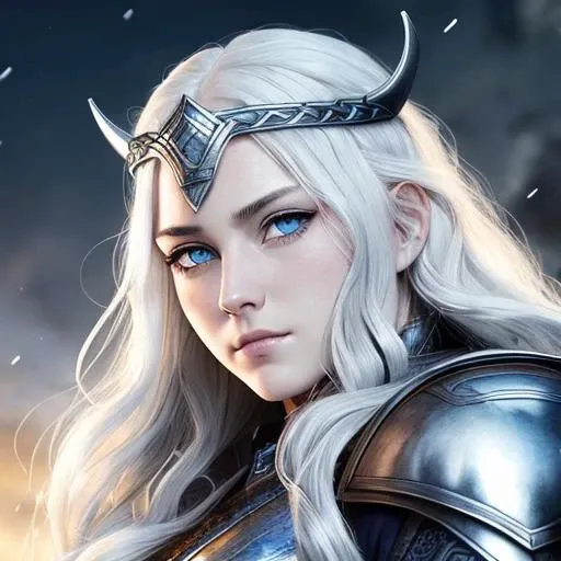 ((portrait of norse goddess of the moon)), detailed face, detailed facial features, Caucasian, intricate details, alluring blue eyes, white hair, medieval full plate armor, pale skin, highly detailed, sensual look, sexy young western woman, cinematic film ...