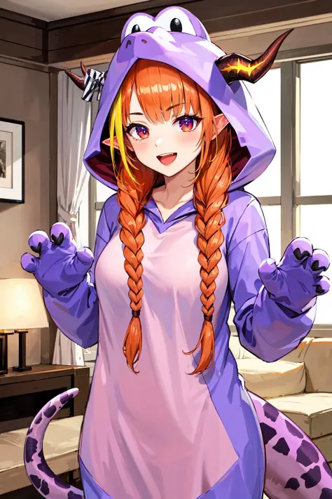 masterpiece, best quality, highres, hmcoco, low twin braids, streaked hair, horn bow, hair over shoulder, dragon tail, animal costume, kigurumi, hood, hood up, <lora:kiryu_coco_v1:0.7>, indoors, living room, smile, open mouth, hands up,