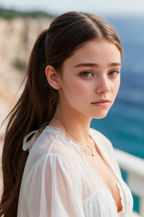 DV_S2_Libby_Vicious,  (Art Photography, Award Winning) (skinny), (Dramatic cliffs overlooking the ocean) (wearing tunic) (Low, loose ponytail) by Steve McCurry, perfect teeth, 35mm, F/2.8, ((Photo Focus, DOF, Aperture, insanely detailed and intricate, char...