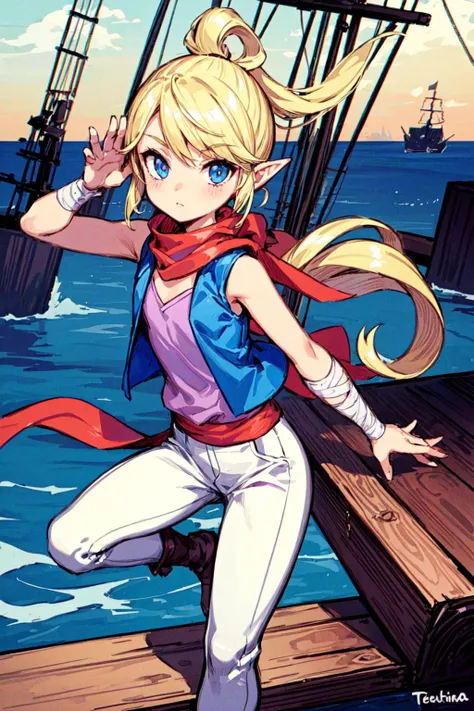 a cartoon image of a woman in a sailor outfit on a boat