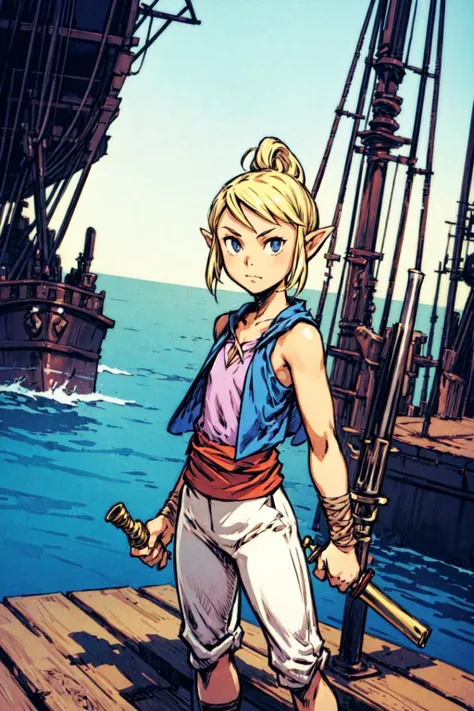 a cartoon image of a woman standing on a dock with a sword