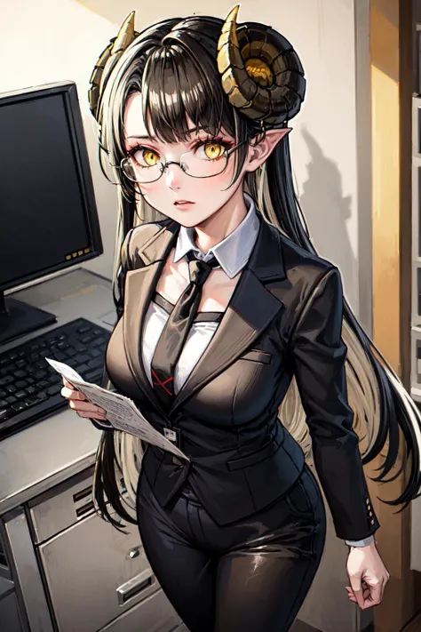 masterpiece,best quality,1girl,solo,ccrosselle,two-tone hair,colored inner hair,very long hair,yellow eyes,sheep horns,((business suit,necktie,glasses,pants,office lady)),expressionless,standing,holding documents,indoors,office,monitor,cowboy shot,dutch an...