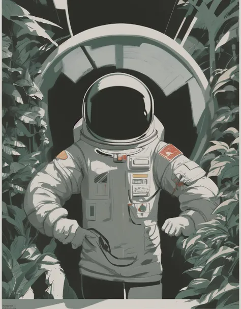 Slight retro color, flat, grainy, riso print style, illustration,  low saturation,
"Astronaut in a Jungle" by Syd Mead, cold color palette, muted colors, detailed, 8k