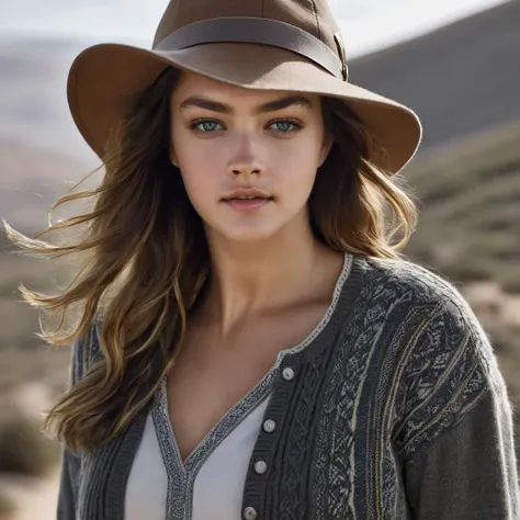 candice_boucher, <lora:CandiceBoucherXL:1.0>,portrait, close up, model shooting, 1girl, solo, long hair, long sleeves, hat, upper body, outdoors, day, bag, sweater, sleeves past wrists, looking to the side, realistic, beanie, North Saharan steppe and woodl...