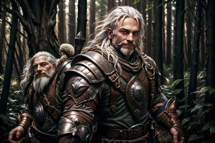 <lora:RPGDwarf:0.7> dwarf:1.2, 1boy, solo, upper body, white hair, grin, armor, blurry, blurry background, realistic:1.3, in an ancirnt forest, medieval,  <lora:AllOldRPGArtS1_1990s_V1.01_LoRA:0.4> alloldrpgarts1 <lora:PBOldRifRPGStyle-V1.0-st_LoRa:0.4> Rp...