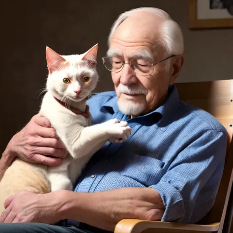 <inversion:theallys-wholesomegrandpas:0.7> wholesomegrandpasa-all, man sitting in a rocking chair petting a cat, masterpiece, high resolution, hd, 8k, shallow depth of field