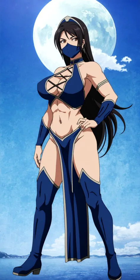 masterpiece, high quality, best quality, 1girl, solo, (muscular female:1.0), (super gigantic breasts:1.0), (closed mouth, half smile), Kitana, black hair, long hair, brown eyes, mouth mask, cleavage, hairband, bare shoulders, midriff, navel, pelvic curtain...