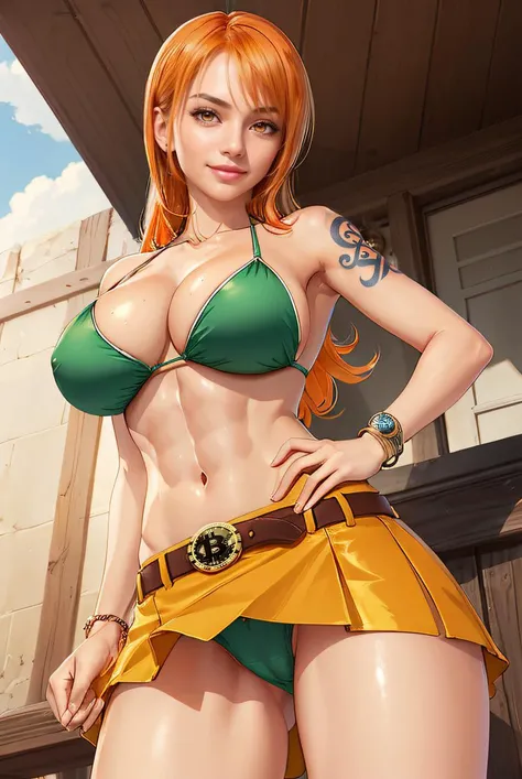 Nami, <lora:nami:0.8>, (((orange eyes))), masterpiece, best quality, ultra-detailed, glistening shiny, glowing light, ray tracing, HDR, deph of field, (perfect face, detailed face, detailed eyes),(cleavage),8k,HD,ultra realistic face, ray tracing, perfect ...