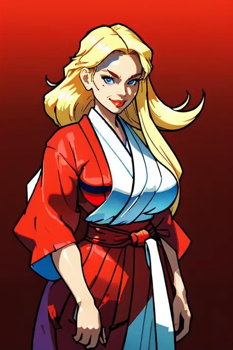 (masterpiece, best quality:1.3), AdnycArt, 1girl, solo, looking at viewer, seductive smile, wide hips, simple background, skindentation, cowboy shot, huge breasts, mature female, thick thighs, white kimono, (red hakama:1.2), long hair, blonde hair, blue ey...