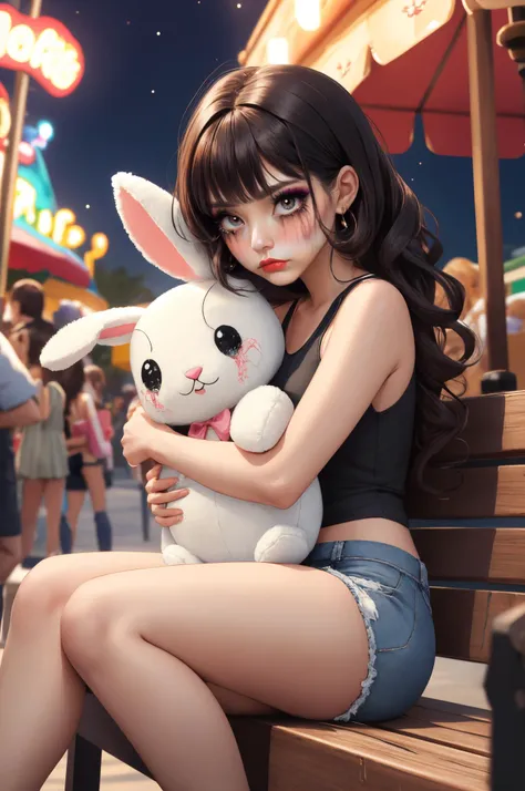 anime girl with bunny face and black hair sitting on a bench